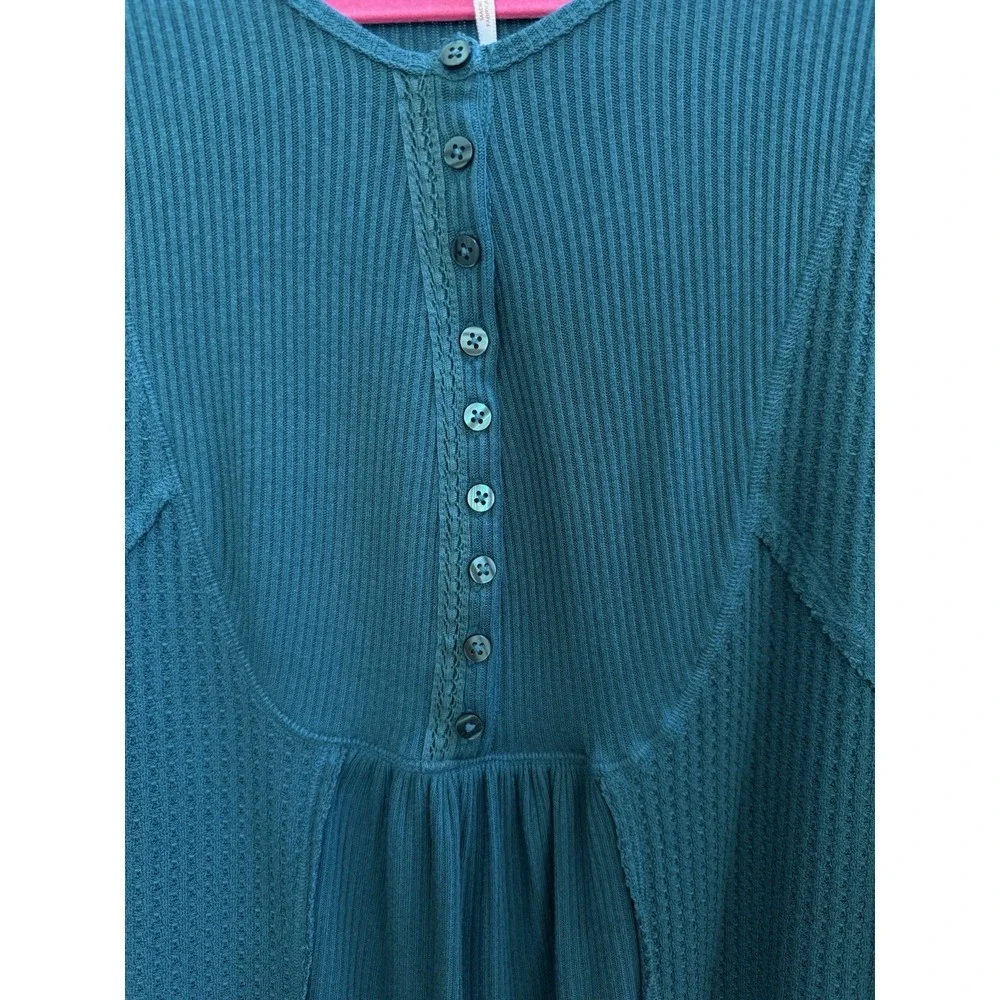 Free People White Mixed‎ Knit Henley Thermal Long Sleeve Top Aqua Size S